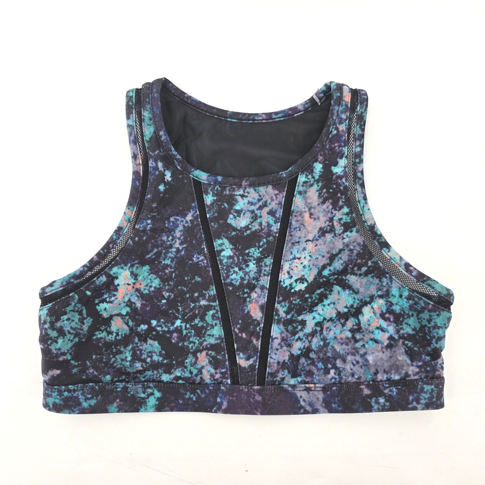 Fabletics Womens Teal Purple Marble Mesh High Neck Sports Bra Small Gym Yoga